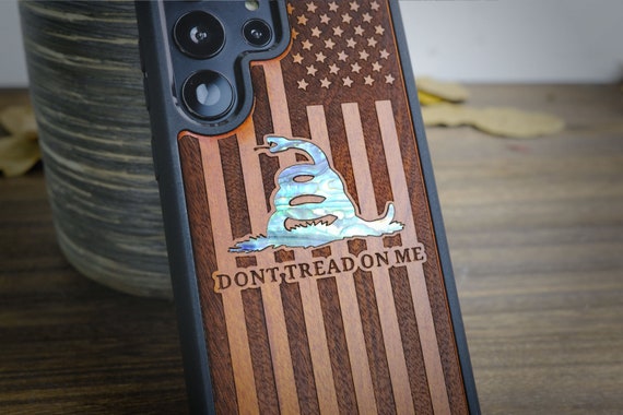 The Gadsden and the US Flag, Hand-Inlaid Wood & Mother of Pearl Case - Artisanal Cover for iPhone, Galaxy and Pixel