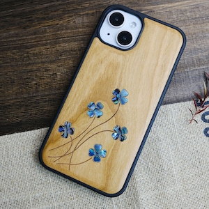 Fortune in Simplicity: Staggered Four-Leaf Clover, Hand-Inlaid Wood & Mother of Pearl Case - Artisanal Cover for iPhone, Galaxy and Pixel