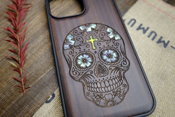 Eternal Fiesta: The Dia de los Muertos Sugar Skull, Hand-Inlaid Wood & Mother of Pearl Case - Artisanal Cover for iPhone, Galaxy and Pixel