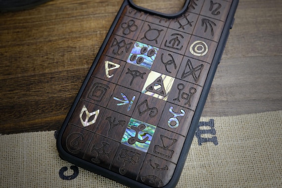 Mystical Runes: A Seamless Pattern of Norse Futhark, Hand-Inlaid Wood & Mother of Pearl Case - Artisanal Cover for iPhone, Galaxy and Pixel