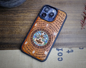 Thunderous Echoes: Mjölnir and the Runes, Hand-Inlaid Wood & Mother of Pearl Case - Artisanal Cover for iPhone, Galaxy and Pixel