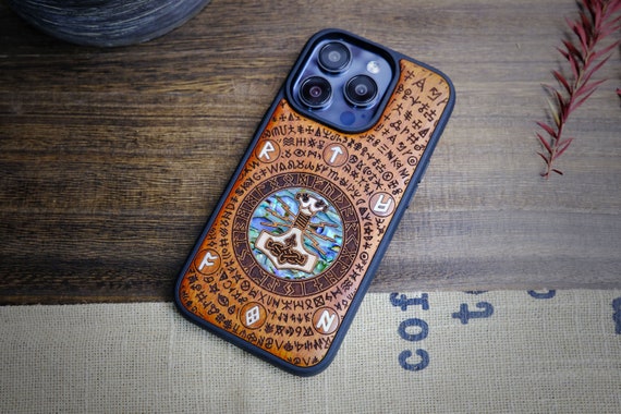 Thunderous Echoes: Mjölnir and the Runes, Hand-Inlaid Wood & Mother of Pearl Case - Artisanal Cover for iPhone, Galaxy and Pixel