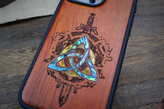 Eternal Warrior: Norse Emblems, Hand-Inlaid Wood & Mother of Pearl Case - Artisanal Cover for iPhone, Galaxy and Pixel