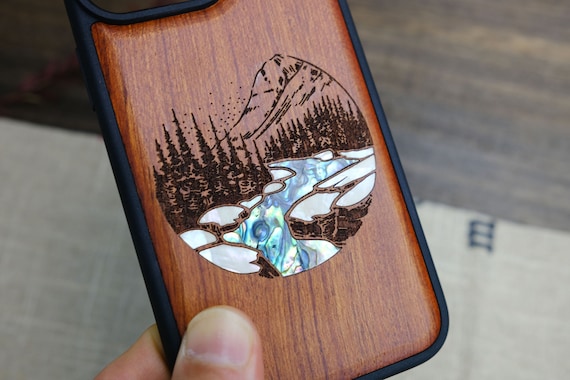 Wild Serenity: The Lake and Mountain Landscape, Hand-Inlaid Wood & Mother of Pearl Case - Artisanal Cover for iPhone, Galaxy and Pixel
