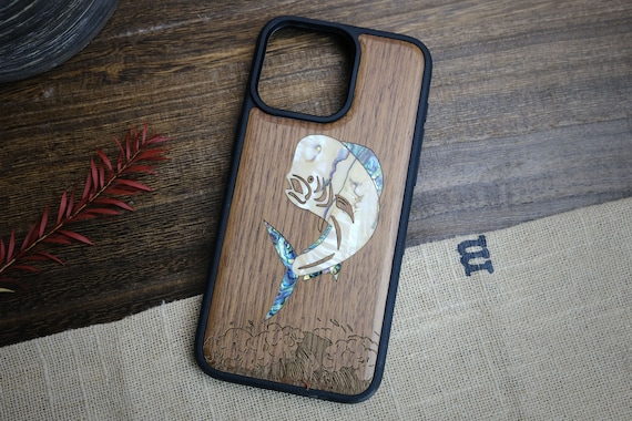 Graceful Leap: The Majestic Mahi-Mahi. Hand-Inlaid Wood & Mother of Pearl Case - Artisanal Cover for iPhone, Galaxy and Pixel