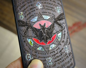Twilight Enigma: The Bat and the Octagonal Star, Hand-Inlaid Wood & Mother of Pearl Case - Artisanal Cover for iPhone, Galaxy and Pixel