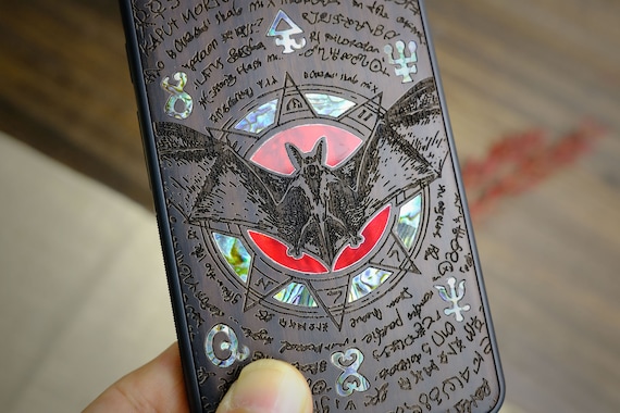 Twilight Enigma: The Bat and the Octagonal Star, Hand-Inlaid Wood & Mother of Pearl Case - Artisanal Cover for iPhone, Galaxy and Pixel