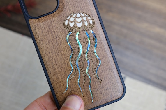 Ethereal Flow: Zentangle Art Jellyfish, Hand-Inlaid Wood & Mother of Pearl Case - Artisanal Cover for iPhone, Galaxy and Pixel