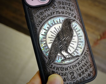 Luminary Corvid: The Haloed Crow, Hand-Inlaid Wood & Mother of Pearl Case - Artisanal Cover for iPhone, Galaxy and Pixel