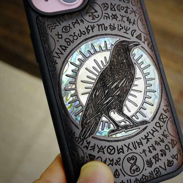 Luminary Corvid: The Haloed Crow, Hand-Inlaid Wood & Mother of Pearl Case - Artisanal Cover for iPhone, Galaxy and Pixel