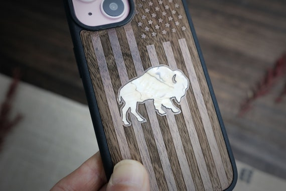 American Frontier: The Bison Silhouette, Hand-Inlaid Wood & Mother of Pearl Case - Artisanal Cover for iPhone, Galaxy and Pixel