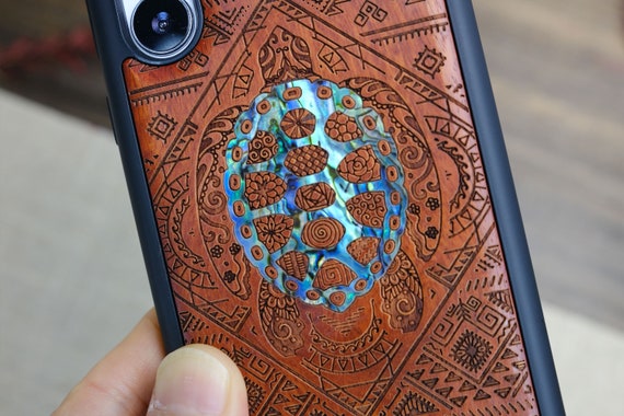 The Beautiful Turtle Amidst Zendoodle Patterns, Hand-Inlaid Wood & Mother of Pearl Case - Artisanal Cover for iPhone, Galaxy and Pixel