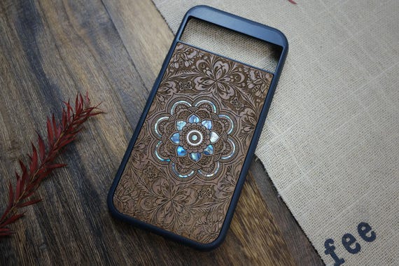 Ethereal Bloom Mandala, Hand-Inlaid Wood & Mother of Pearl Case - Artisanal Cover for iPhone, Galaxy and Pixel
