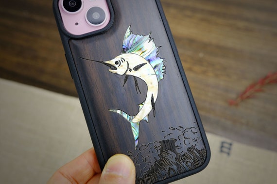 Maritime Leap: The Soaring Marlin, Hand-Inlaid Wood & Mother of Pearl Case - Artisanal Cover for iPhone, Galaxy and Pixel