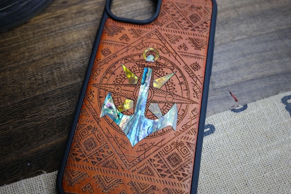Nautical Ensemble Amidst Zendoodle Geometry, Hand-Inlaid Wood & Mother of Pearl Case - Artisanal Cover for iPhone, Galaxy and Pixel