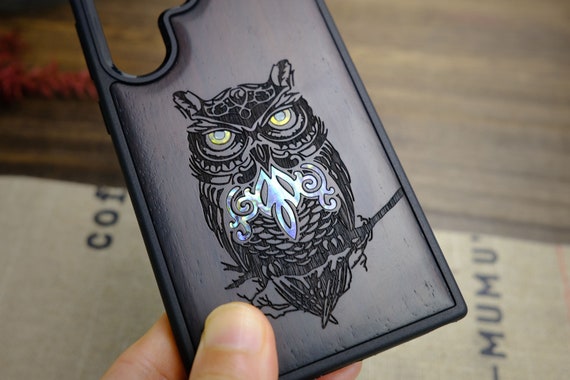 An Owl Perched on a Branch, Hand-Inlaid Wood & Mother of Pearl Case - Artisanal Cover for iPhone, Galaxy and Pixel