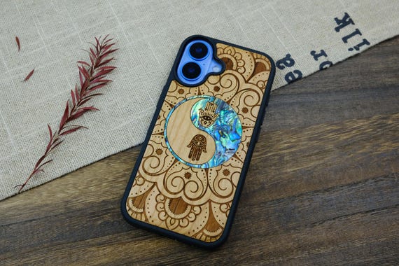 Tranquil Harmony Mandala, Hamsa, Hand-Inlaid Wood & Mother of Pearl Case - Artisanal Cover for iPhone, Galaxy and Pixel