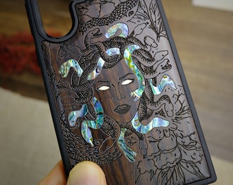 Gorgon&#39;s Gaze: The Medusa Enigma, Hand-Inlaid Wood & Mother of Pearl Case - Artisanal Cover for iPhone, Galaxy and Pixel