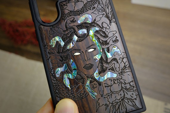 Gorgon's Gaze: The Medusa Enigma, Hand-Inlaid Wood & Mother of Pearl Case - Artisanal Cover for iPhone, Galaxy and Pixel