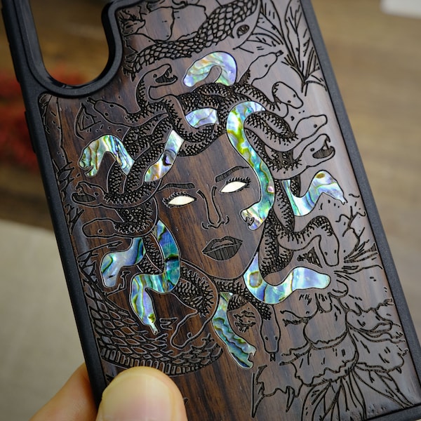 Gorgon's Gaze: The Medusa Enigma, Hand-Inlaid Wood & Mother of Pearl Case - Artisanal Cover for iPhone, Galaxy and Pixel