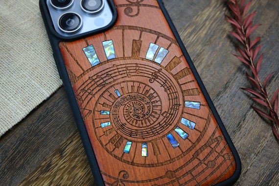 Harmonic Vortex: A Spiral Symphony, Hand-Inlaid Wood & Mother of Pearl Case - Artisanal Cover for iPhone, Galaxy and Pixel