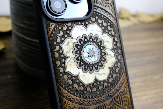 Floral Symmetry: The Mandala Lace Pattern, Hand-Inlaid Wood & Mother of Pearl Case - Artisanal Cover for iPhone, Galaxy and Pixel