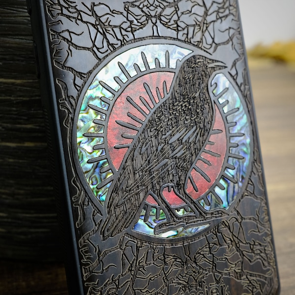 Luminous Crow Amidst Forest Lattice, Hand-Inlaid Wood & Mother of Pearl Case - Artisanal Cover for iPhone, Galaxy and Pixel