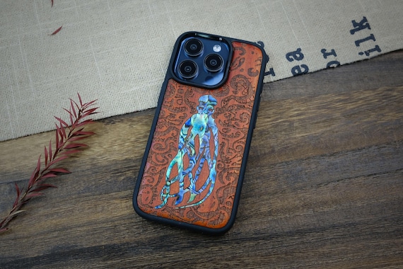 The Octopus's Nocturne in Inked Elegance, Hand-Inlaid Wood & Mother of Pearl Case - Artisanal Cover for iPhone, Galaxy and Pixel