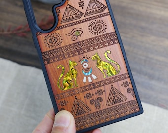 Eternal Mysteries: The Symbols of Egypt, met de hand ingelegd hout en hoesje van parelmoer - ambachtelijke hoes voor iPhone, Galaxy en Pixel