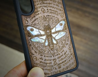 Eternal Transition: Death Moth and Octagonal Star, Hand-Inlaid Wood & Mother of Pearl Case - Artisanal Cover for iPhone, Galaxy and Pixel