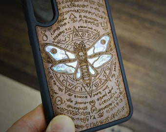 Eternal Transition: Death Moth and Octagonal Star, Hand-Inlaid Wood & Mother of Pearl Case - Artisanal Cover for iPhone, Galaxy and Pixel