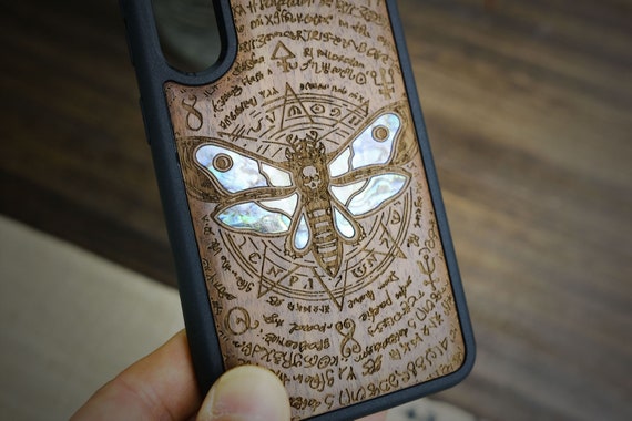 Eternal Transition: Death Moth and Octagonal Star, Hand-Inlaid Wood & Mother of Pearl Case - Artisanal Cover for iPhone, Galaxy and Pixel