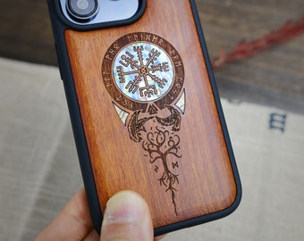 Viking Valor: Dragon-Inspired Shield Aegishjalmur, Hand-Inlaid Wood & Mother of Pearl Case - Artisanal Cover for iPhone, Galaxy and Pixel
