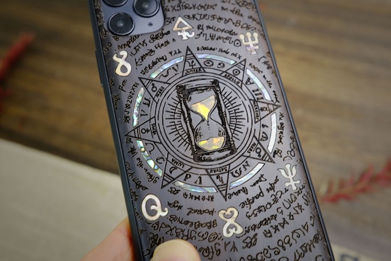 The Sands of Time: Retro Hourglass with Running Sand, Hand-Inlaid Wood & Mother of Pearl Case - Artisanal Cover for iPhone, Galaxy and Pixel