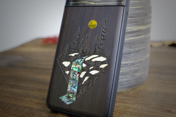 Celestial Elevation: Floating Forest and Waterfall, Hand-Inlaid Wood & Mother of Pearl Case - Artisanal Cover for iPhone, Galaxy and Pixel