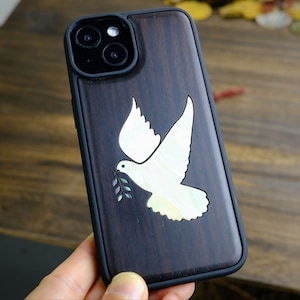 Émissaire de la Paix : La Colombe avec la Branche d'Olive, Coque en Bois + Nacre Incrustée à la Main pour Samsung Galaxy,iPhone&Google Pixel