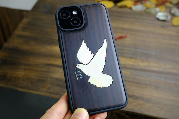 Emissary of Peace: The Dove with Olive Branch, Hand-Inlaid Wood & Mother of Pearl Case - Artisanal Cover for iPhone, Galaxy and Pixel