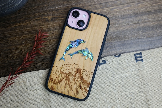 Oceanic Ballet: Dual Dolphins in the Waves, Hand-Inlaid Wood & Mother of Pearl Case - Artisanal Cover for iPhone, Galaxy and Pixel
