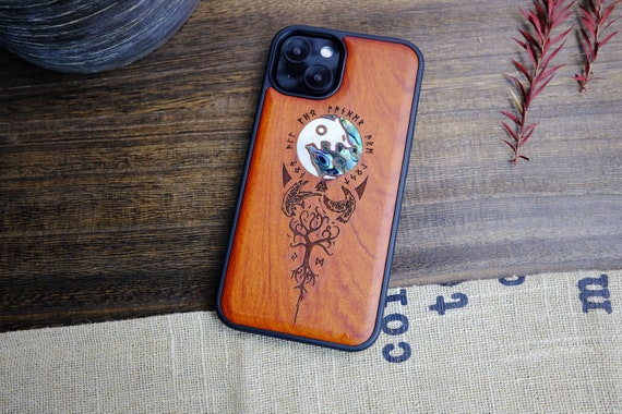 Viking Harmony: Vegvísir, Ravens, and Yggdrasil, Hand-Inlaid Wood & Mother of Pearl Case - Artisanal Cover for iPhone, Galaxy and Pixel