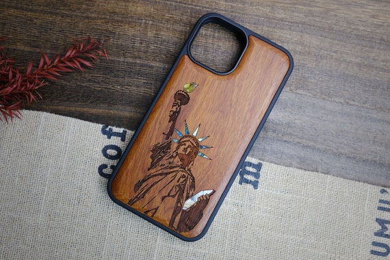 Beacon of Hope: The Statue of Liberty Reimagined, Hand-Inlaid Wood & Mother of Pearl Case - Artisanal Cover for iPhone, Galaxy and Pixel