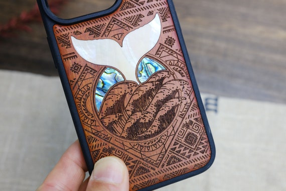 Oceanic Harmony: The Whale's Song Amidst Aztec Waves, Hand-Inlaid Wood & Mother of Pearl Case - Artisanal Cover for iPhone, Galaxy and Pixel