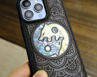 Symbiosis of the Cosmos: Yin-Yang Wolves Paisley, Hand-Inlaid Wood & Mother of Pearl Case - Artisanal Cover for iPhone, Galaxy and Pixel