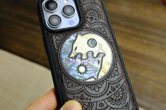 Symbiosis of the Cosmos: Yin-Yang Wolves Paisley, Hand-Inlaid Wood & Mother of Pearl Case - Artisanal Cover for iPhone, Galaxy and Pixel