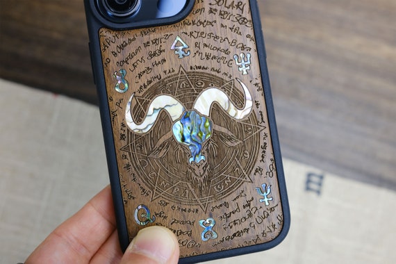 Baphomet's Visage: The Horned Goat in Octagonal Star, Hand-Inlaid Wood & Mother of Pearl Case - Artisanal Cover for iPhone, Galaxy and Pixel