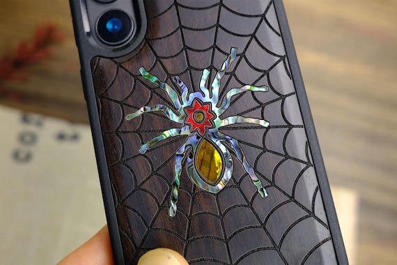 Elegant Webbed Wonder, Hand-Inlaid Wood & Mother of Pearl Case - Artisanal Cover for iPhone, Galaxy and Pixel