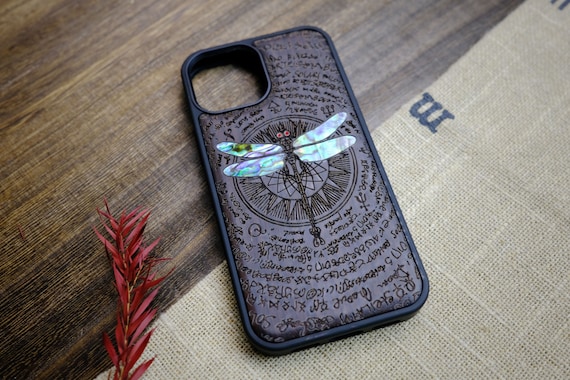 The Graceful Dragonfly: A Hand-Drawn Delight, Hand-Inlaid Wood & Mother of Pearl Case - Artisanal Cover for iPhone, Galaxy and Pixel