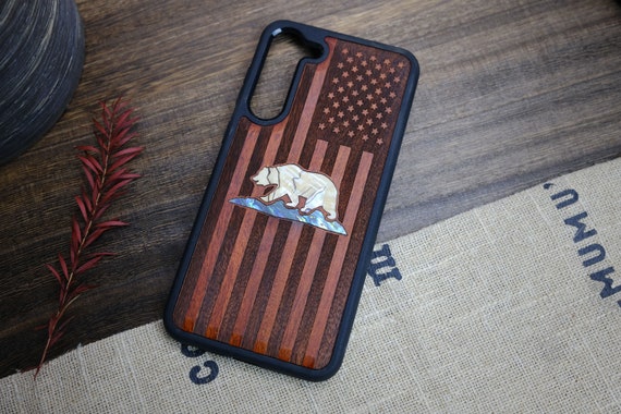 The Grizzly of the Golden State, Hand-Inlaid Wood & Mother of Pearl Case - Artisanal Cover for iPhone, Galaxy and Pixel