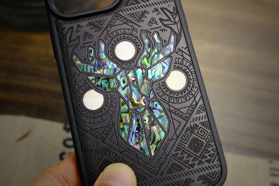 Geometric Deer Amidst Patterns, Hand-Inlaid Wood & Mother of Pearl Case - Artisanal Cover for iPhone, Galaxy and Pixel