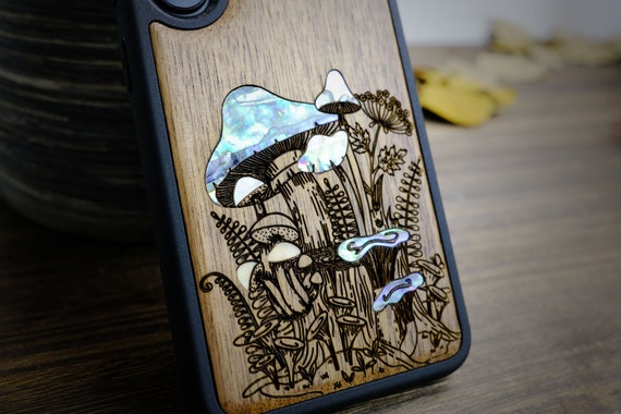 The Enchanting World of Mushrooms and Wildflowers, Hand-Inlaid Wood & Mother of Pearl Case - Artisanal Cover for iPhone, Galaxy and Pixel