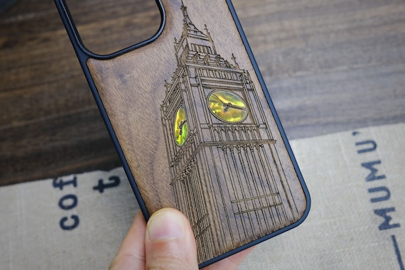 Linear Elegance: The Big Ben of London, Hand-Inlaid Wood & Mother of Pearl Case - Artisanal Cover for iPhone, Galaxy and Pixel